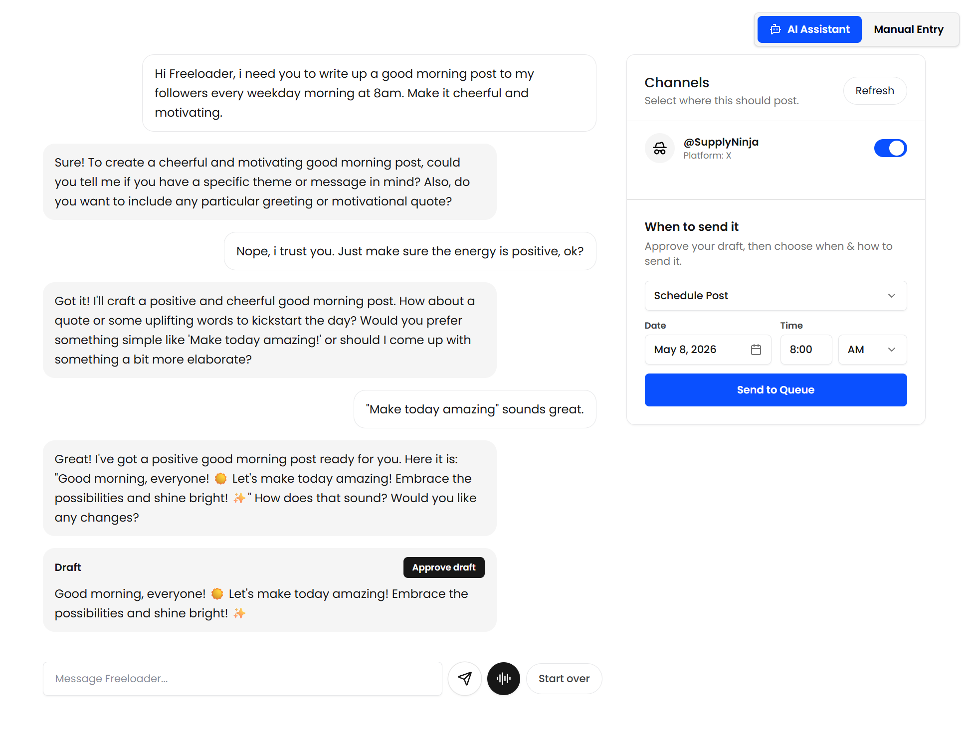 Freeloader AI assistant drafting and scheduling a post