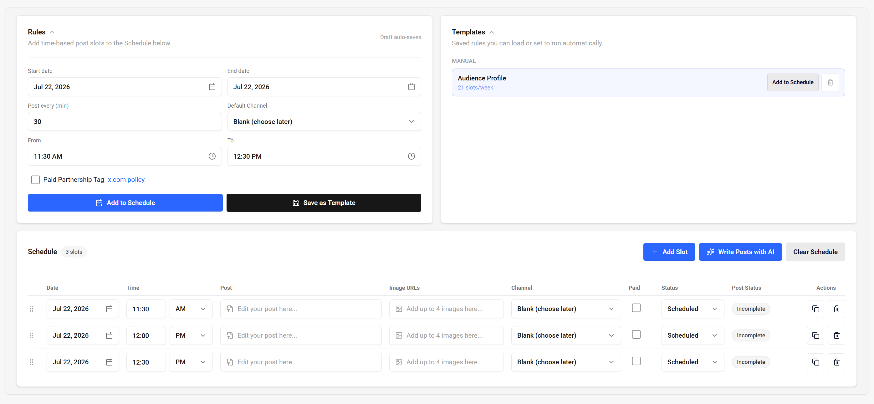 Freeloader schedule and rules builder